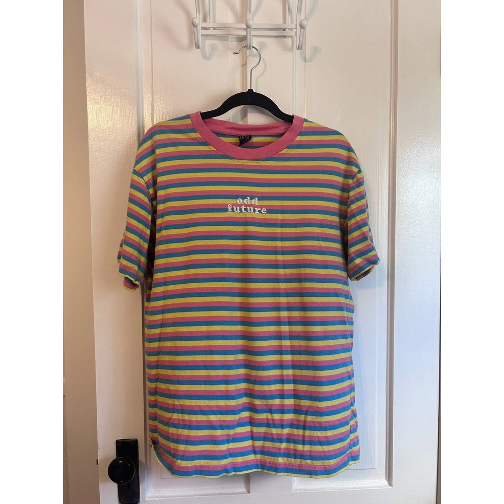 Odd Future Striped T-Shirt Mens Large Pink Yellow Blue Embroidered Logo Tee